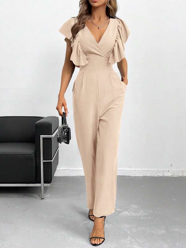 Shein Solid Butterfly Sleeve Surplice Neck Jumpsuit Workwear