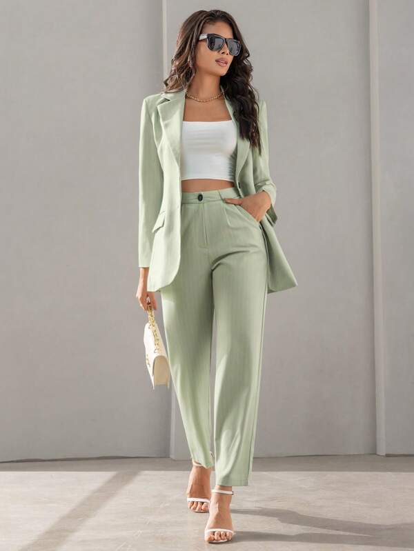 Shein Solid Button Front Blazer Pants Workwear