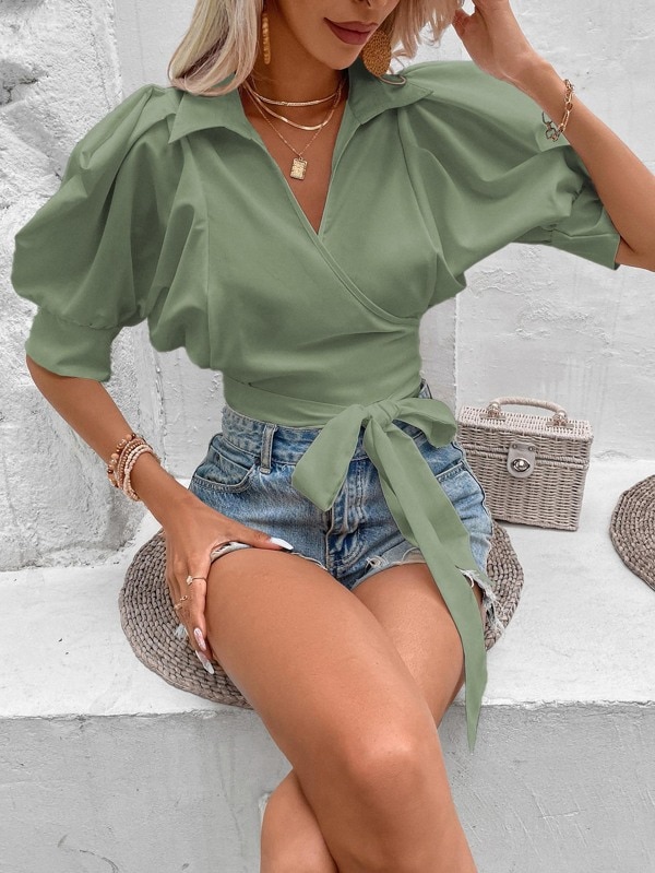 Shein Solid Wrap Detail Tie Front Puff Sleeve Blouse
