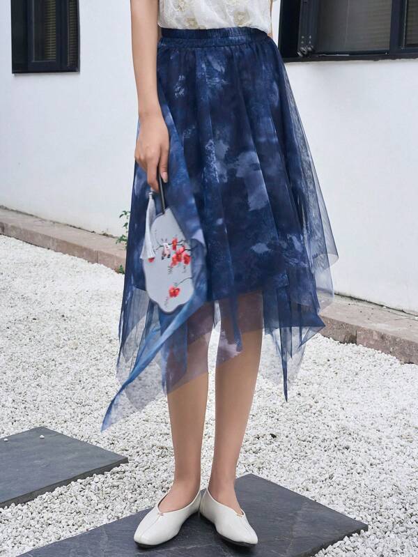 Shein Tie Dye Asymmetrical Hem Mesh Overlay Skirt