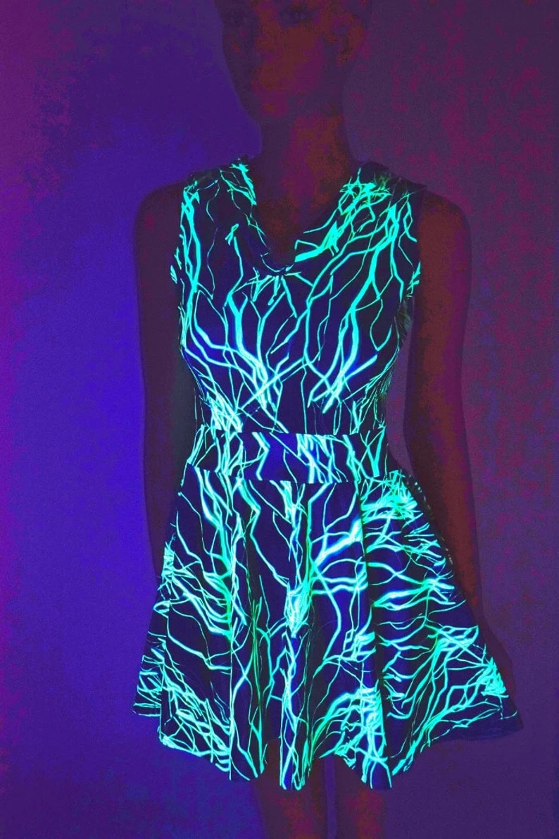 Etsy Pocket Hoodie Skater Dress in UV Glow Neon Green Lightning