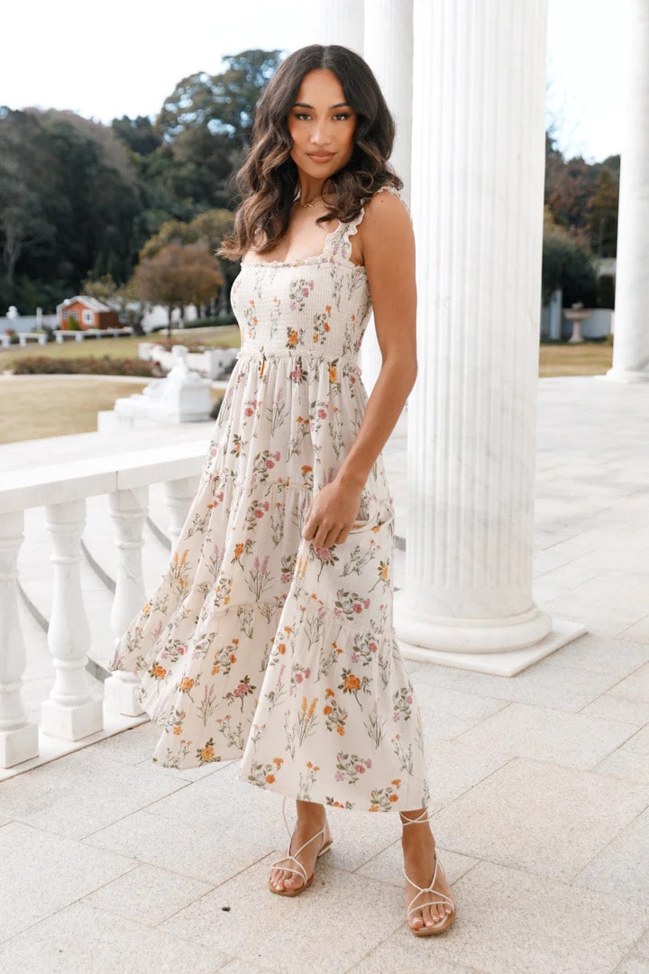 Petal Pup Shirred Maxi Dress Beige Floral