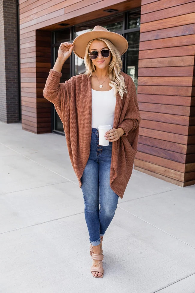 Pink Lily Brown Waffle Knit Cardigan