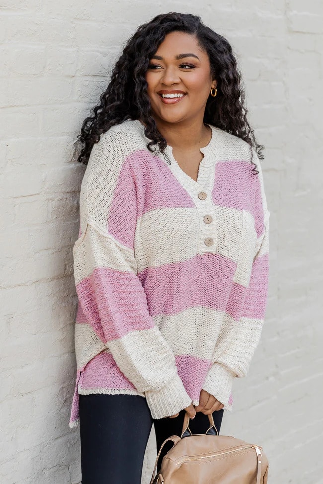 Pink Lily Mauve Oversized Striped Henley Sweater