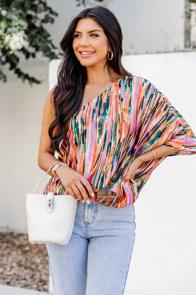 Pink Lily Multi Printed Satin One Shoulder Blouse