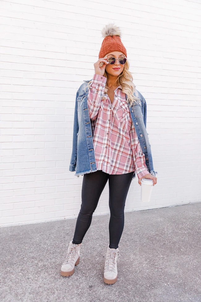 Pink Lily Pink Plaid Flannel BLouse