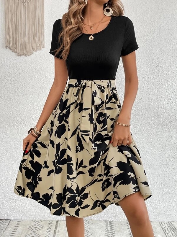 Shein Clasi Floral Print Belted Dress