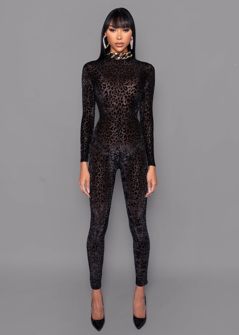 Etsy Black Sheer Leopard Print Catsuit