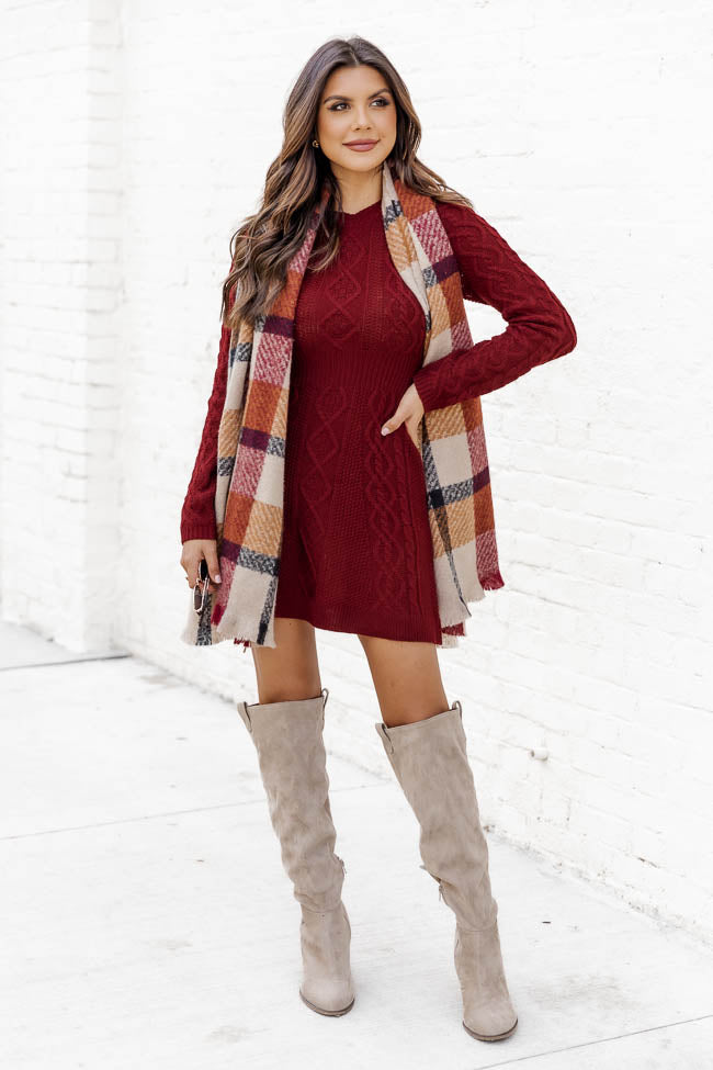 Pink Lily LIVING FOR FRIDAY WINE CABLE KNIT SWEATER DRESS