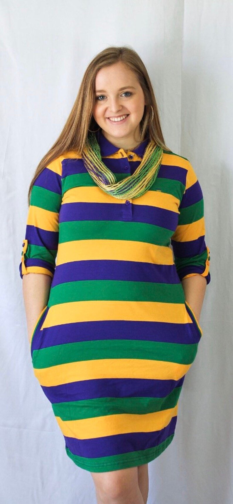 Etsy Rugby Womens Mardi Gras Dress with Purple Green and Gold Chest Stripes