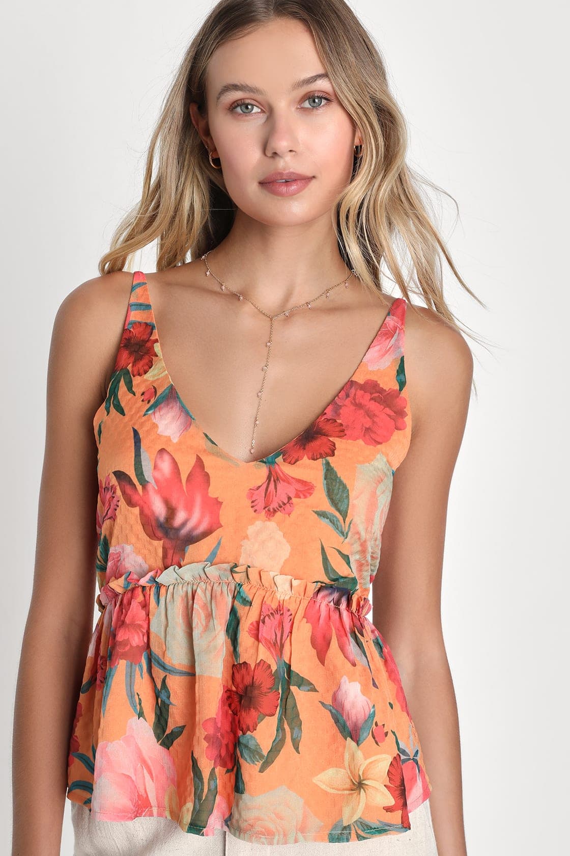 Lulus Hawaiian Hottie Orange Tropical Floral Print Peplum Tank Top