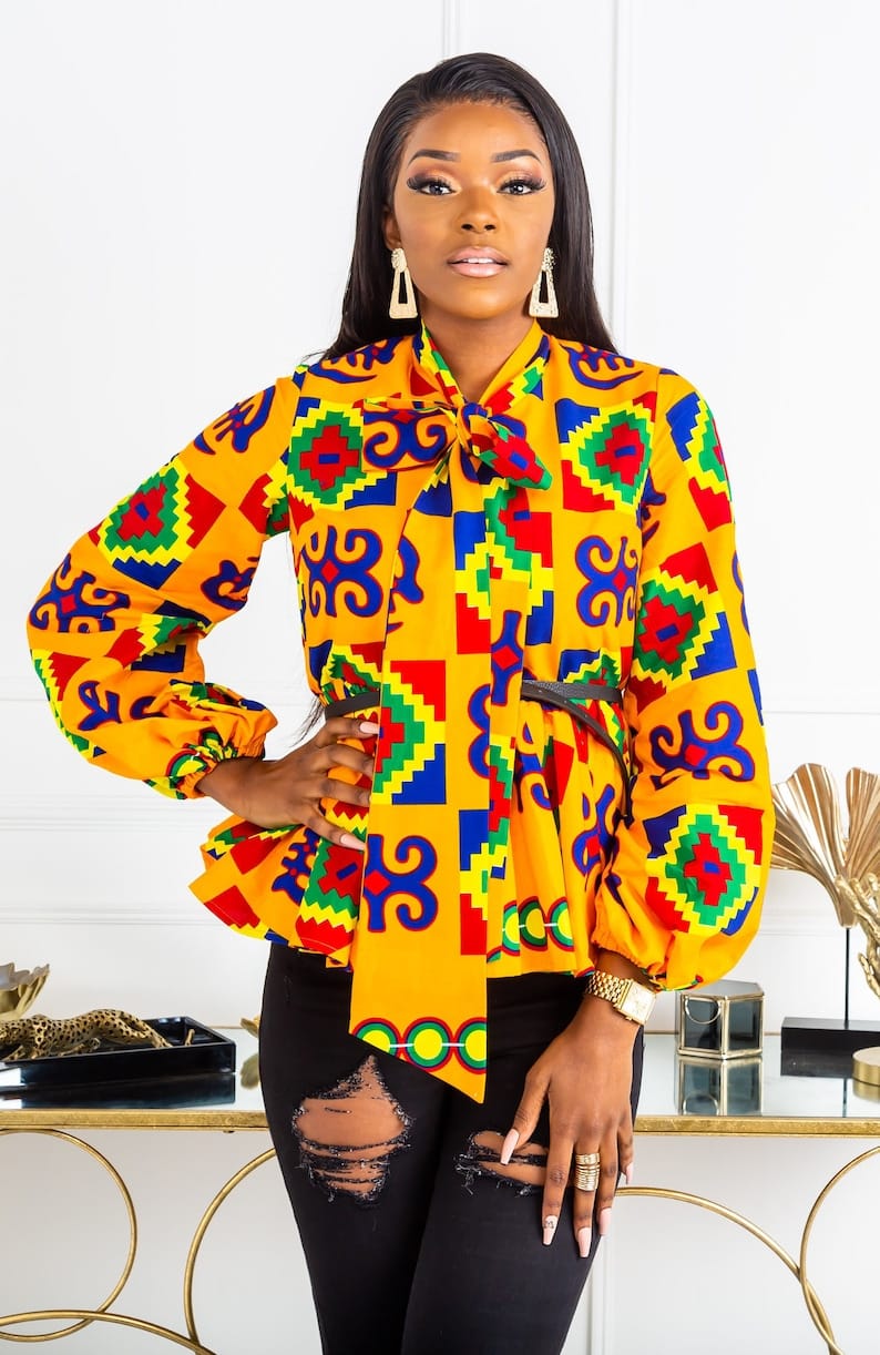 African Pussybow Peplum Top