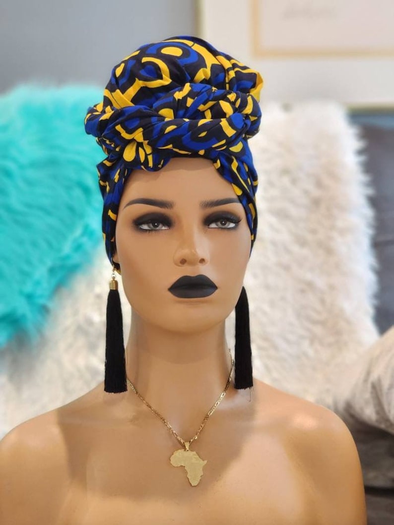 African Head Wraps For Women Blue and Gold