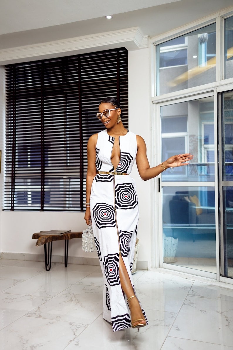 HALIMA AFRICAN PRINT maxi front zip dress