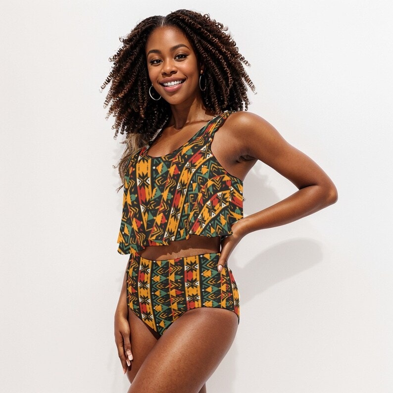 Jamaican Rhythm Geometric Mud Cloth Ruffled Vest Bikini