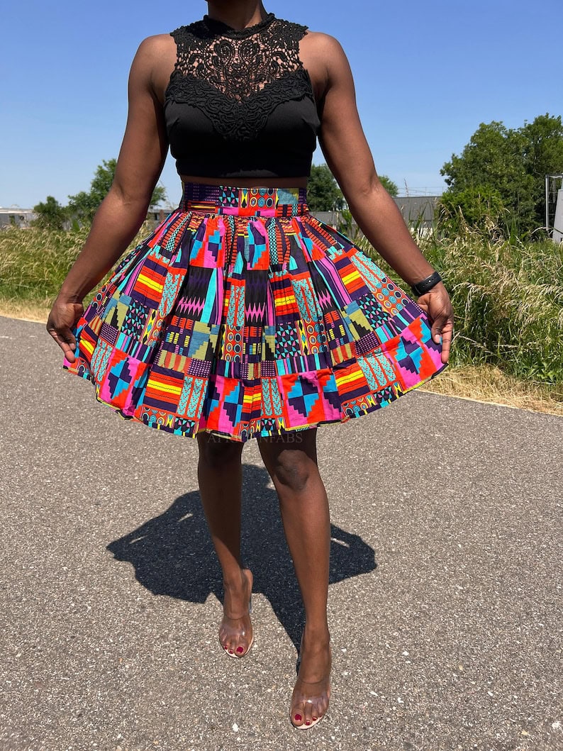 Multicolor kente pink wax mini skirt