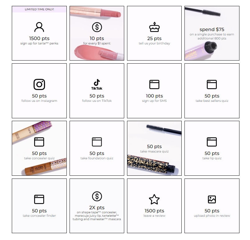ways to earn points in tarte perks loyalty rewards