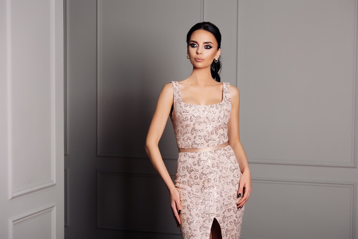 brunette young woman in beige evening dress 2024 10 18 08 44 59 utc
