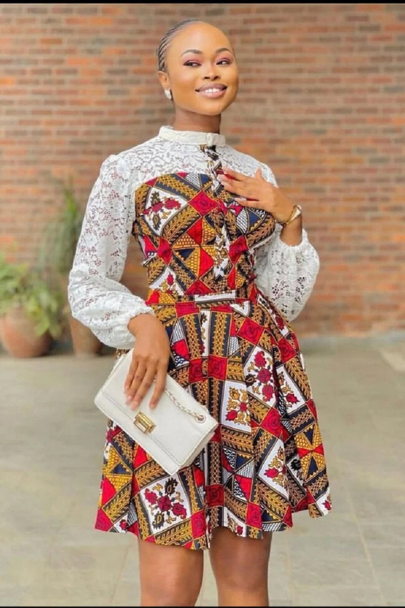 Short African Lace Dresses Lace Puffy Short Sleeve Wrap Around Pocket  African Traditional