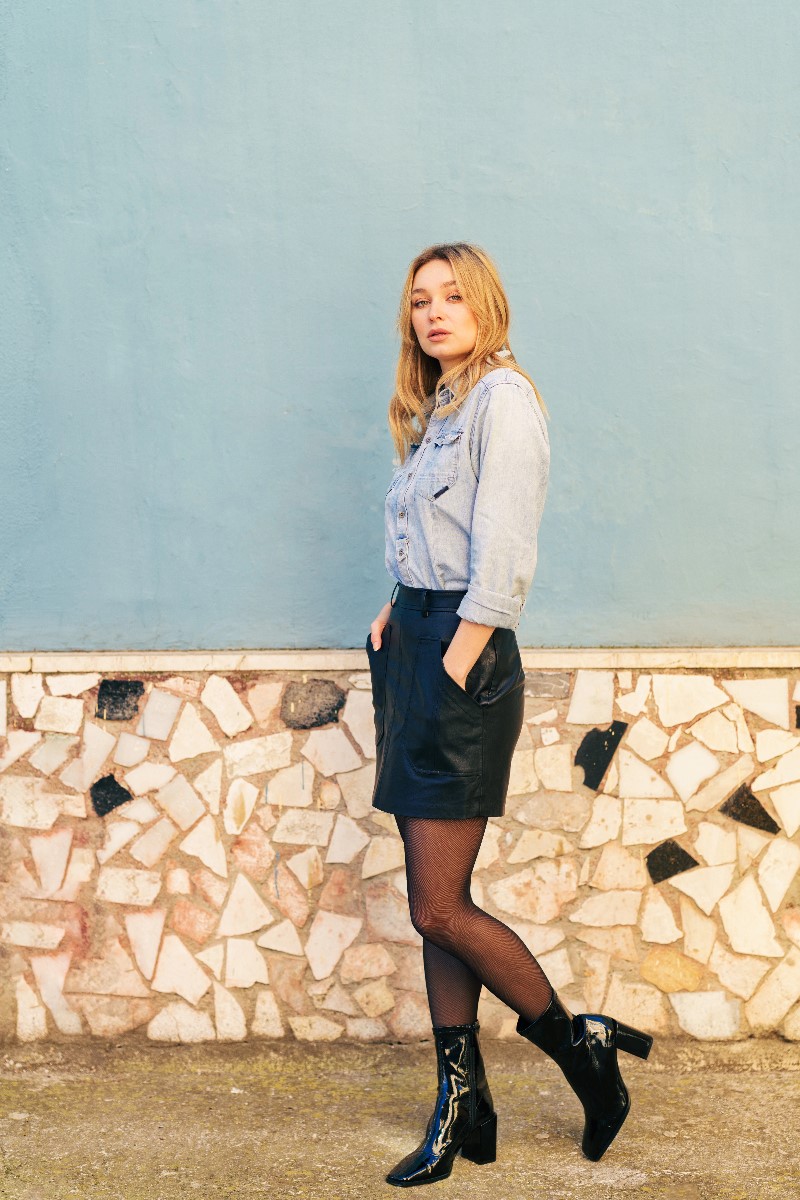 Leather Skirt and Denim Shirt